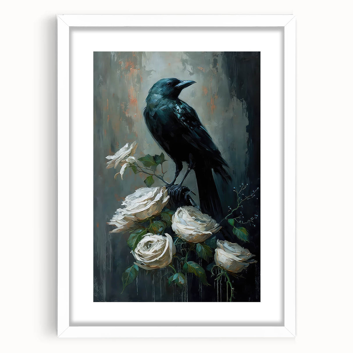 Framed wall art featuring intricate crow and raven design on a white background, showcasing detailed black illustrations and a modern aesthetic perfect for nature lovers.