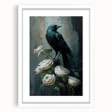 Framed wall art featuring intricate crow and raven design on a white background, showcasing detailed black illustrations and a modern aesthetic perfect for nature lovers.