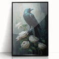 Framed wall art featuring a striking design of a crow and raven in a contemporary black acrylic frame, showcasing intricate details and vibrant colors, perfect for enhancing modern home decor.