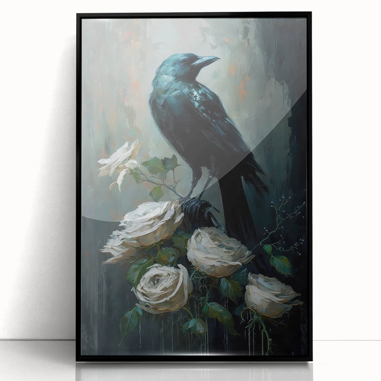 Framed wall art featuring a striking design of a crow and raven in a contemporary black acrylic frame, showcasing intricate details and vibrant colors, perfect for enhancing modern home decor.