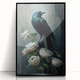 Framed wall art featuring a striking design of a crow and raven in a contemporary black acrylic frame, showcasing intricate details and vibrant colors, perfect for enhancing modern home decor.