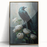 Framed wall art featuring a striking design of a crow and raven, elegantly set in a gold-acrylic frame, ideal for enhancing modern home decor.