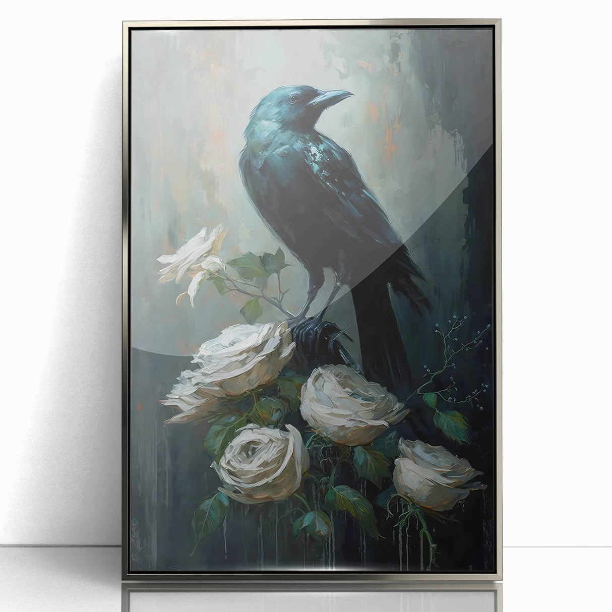 Framed wall art featuring a striking design of crows and ravens, showcasing intricate details and a silver-acrylic finish, ideal for nature lovers' decor.