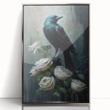 Framed wall art featuring a striking design of crows and ravens, showcasing intricate details and a silver-acrylic finish, ideal for nature lovers' decor.