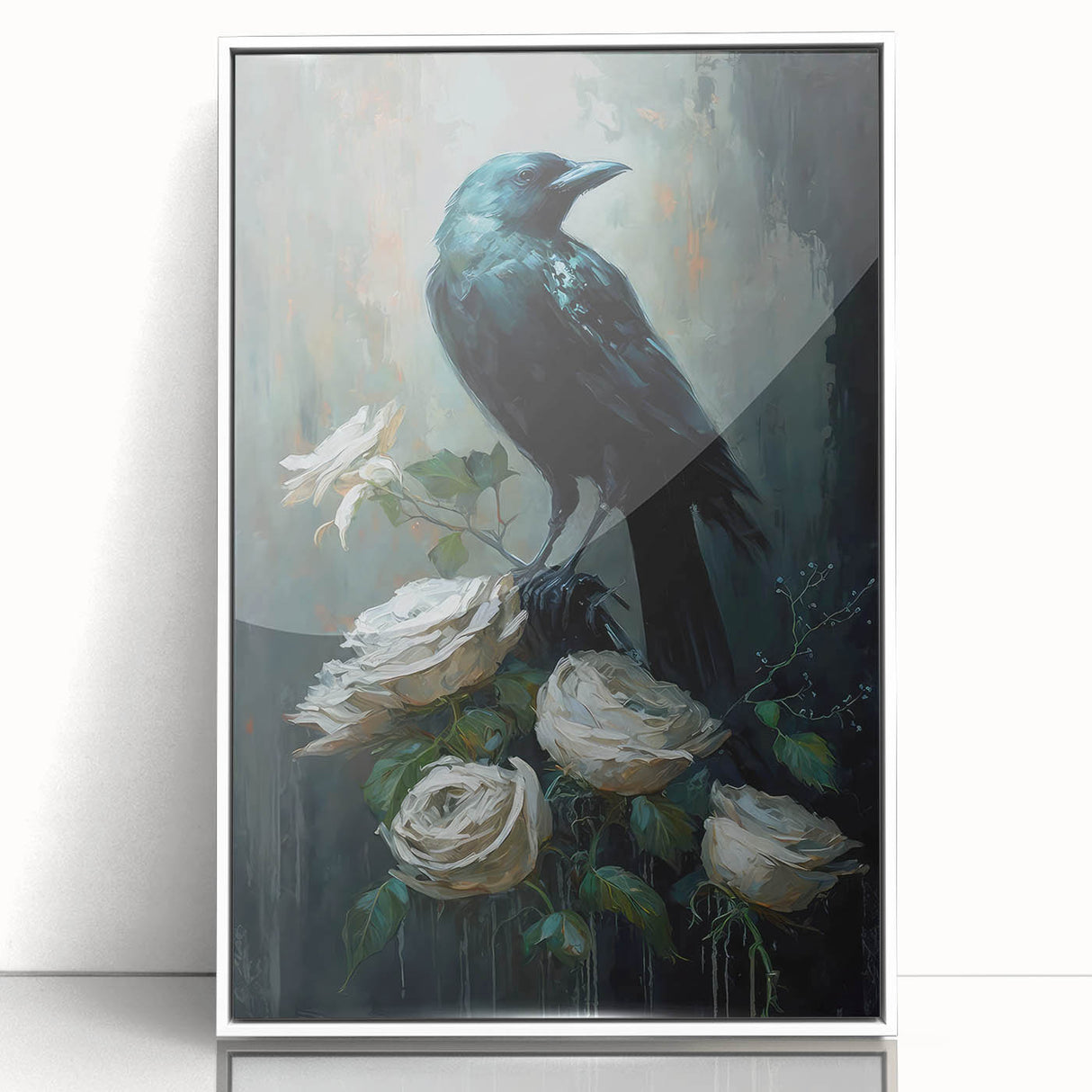 Framed wall art featuring a striking design of a crow and raven in a minimalist style, showcased with a sleek white frame, perfect for modern home decor.