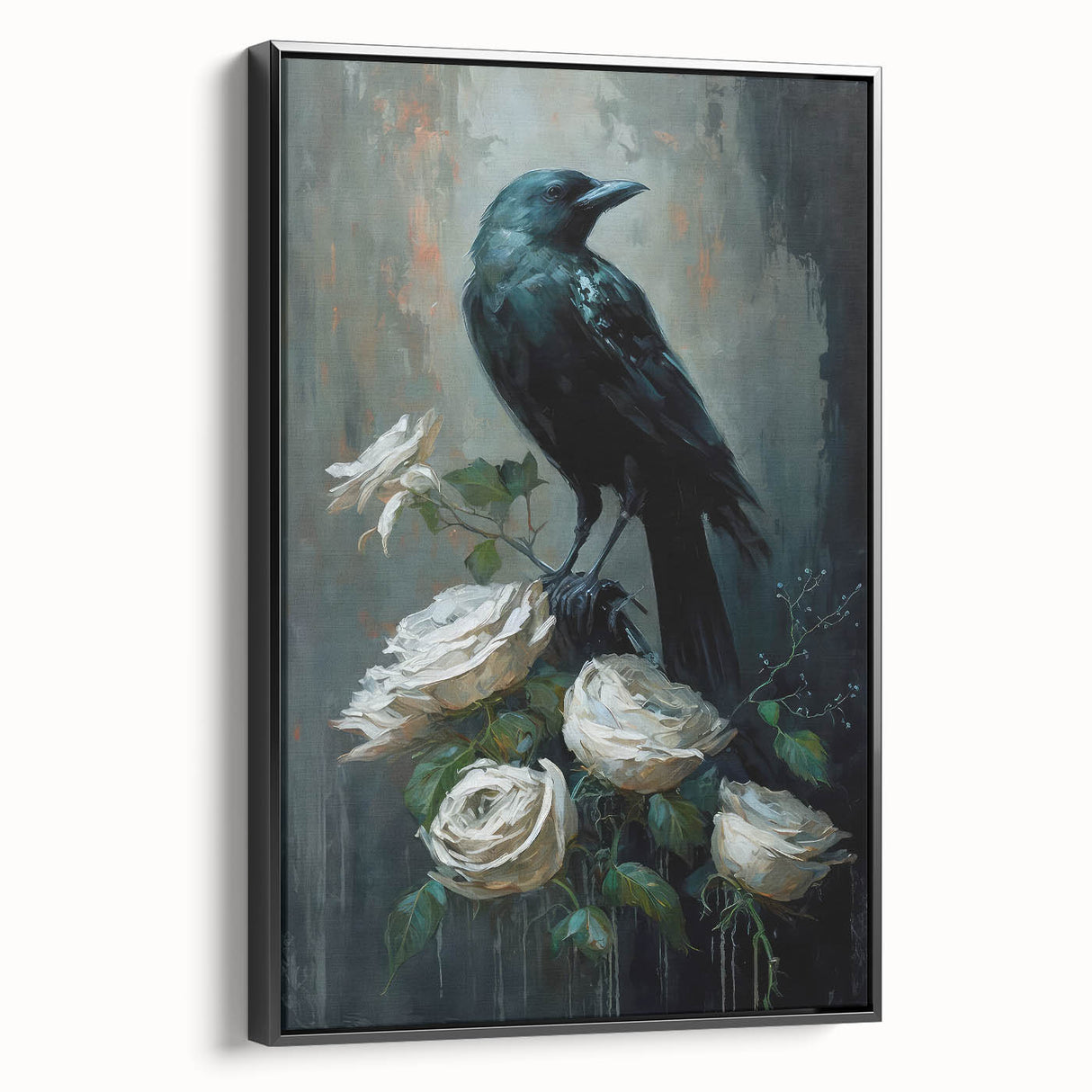 Framed canvas wall art depicting a crow and raven design in black, showcasing intricate details and textures, perfect for enhancing modern home decor.