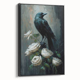 Framed canvas wall art depicting a crow and raven design in black, showcasing intricate details and textures, perfect for enhancing modern home decor.