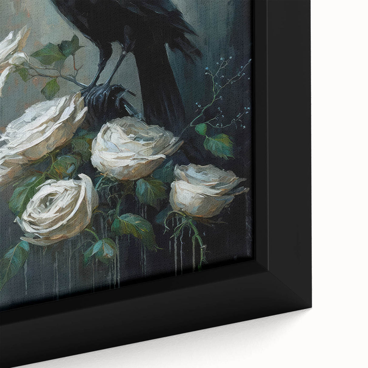 Close-up of a framed wall art piece showcasing a crow and raven design, featuring intricate details and vibrant colors on textured canvas, ideal for bird lovers.