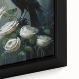 Close-up of a framed wall art piece showcasing a crow and raven design, featuring intricate details and vibrant colors on textured canvas, ideal for bird lovers.