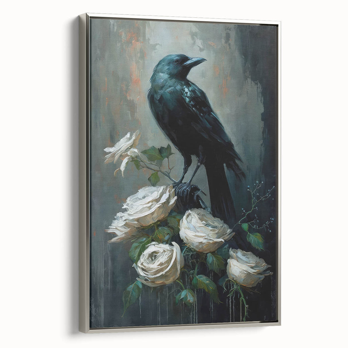 Framed wall art showcasing a striking design of a crow and raven, set against a silver background, highlighting intricate details and a modern aesthetic.