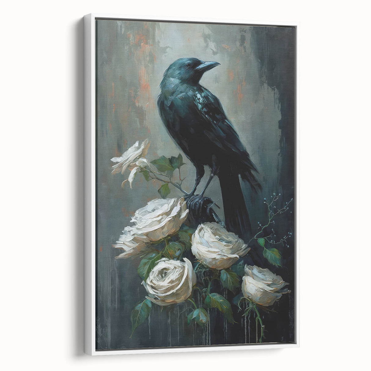 Framed wall art showcasing a striking black crow and raven design on a textured canvas, set against a white background, ideal for modern home decor.