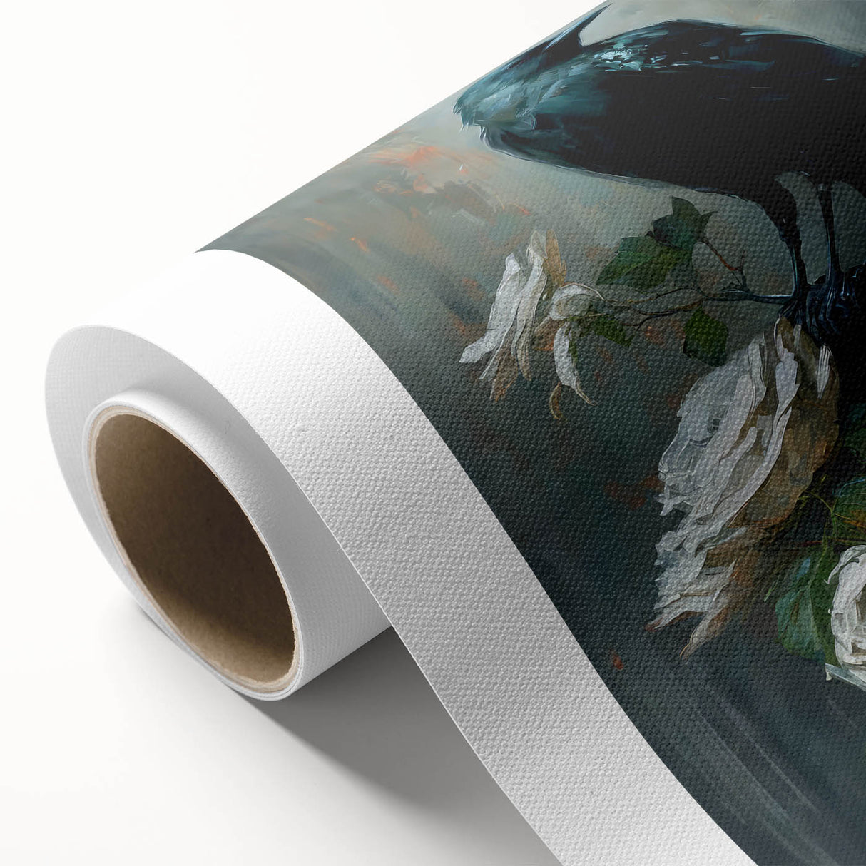 Rolled canvas showcasing a striking design of crows and ravens, ideal for bird enthusiasts and modern decor lovers; displayed in a protective cardboard tube.