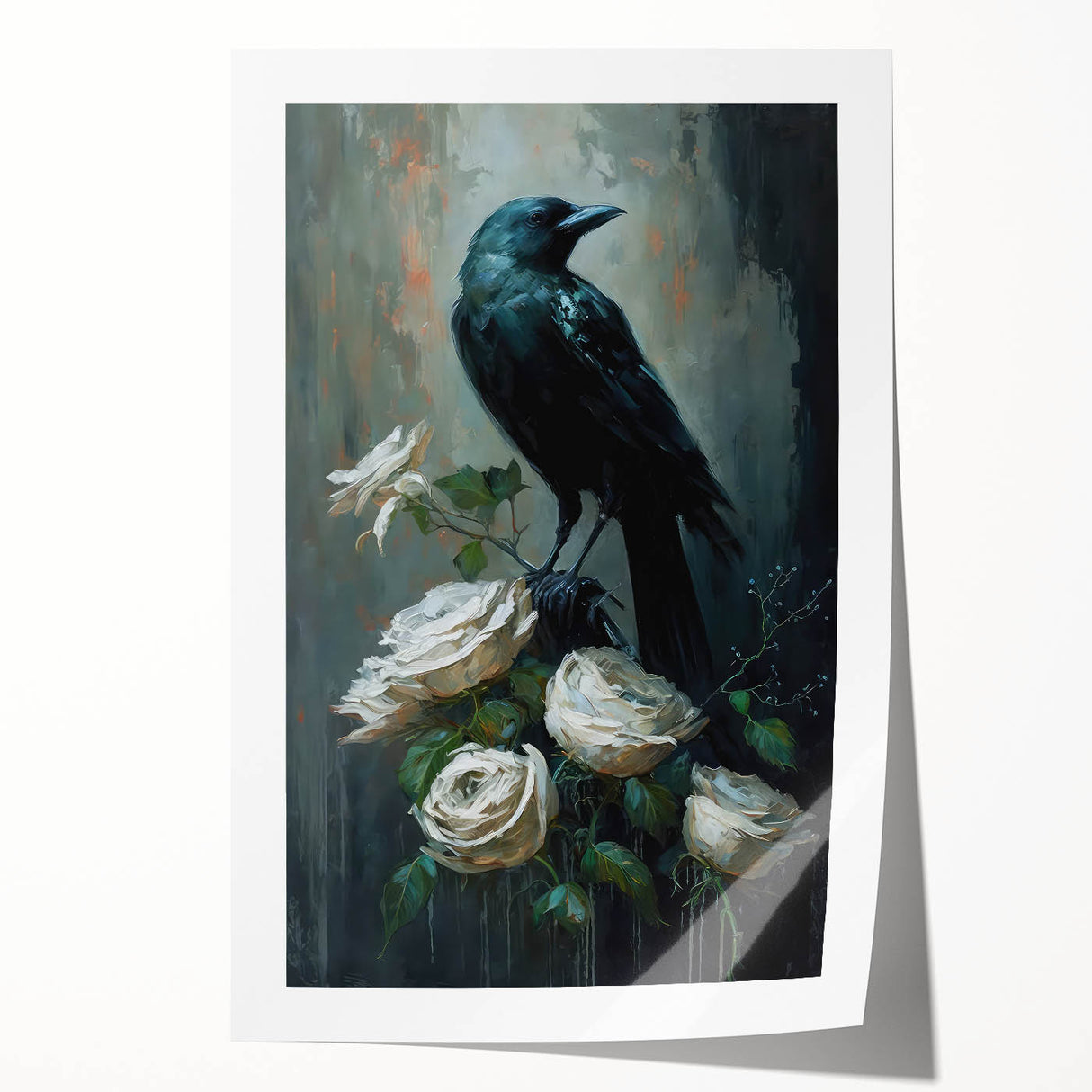 Artistic rolled print showcasing a crow and raven design in black and gray tones, ideal for nature enthusiasts and modern decor. Perfect for enhancing interior spaces and adding a touch of wildlife elegance.