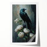 Artistic rolled print showcasing a crow and raven design in black and gray tones, ideal for nature enthusiasts and modern decor. Perfect for enhancing interior spaces and adding a touch of wildlife elegance.