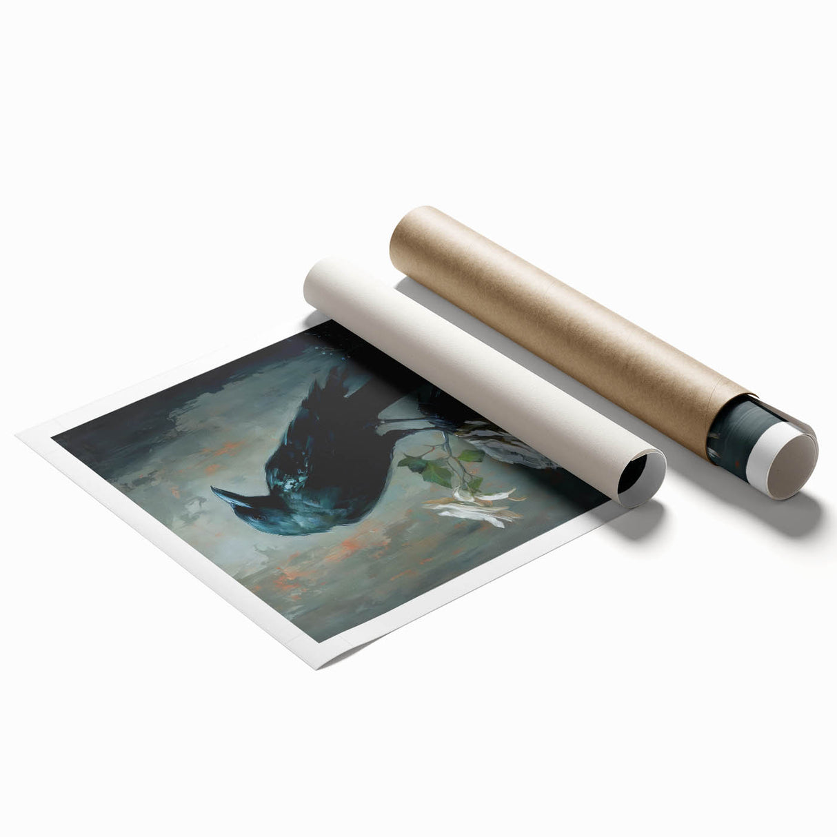 Rolled print showcasing a detailed design of a crow and raven on a textured background, perfect for bird lovers and modern home decor, securely packaged for delivery.