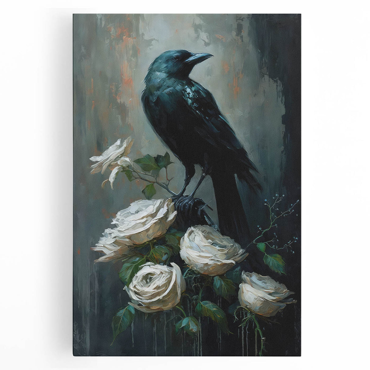 Stretched canvas wall art featuring a striking design of a crow and raven, showcasing intricate details and a dark color palette, perfect for nature enthusiasts.