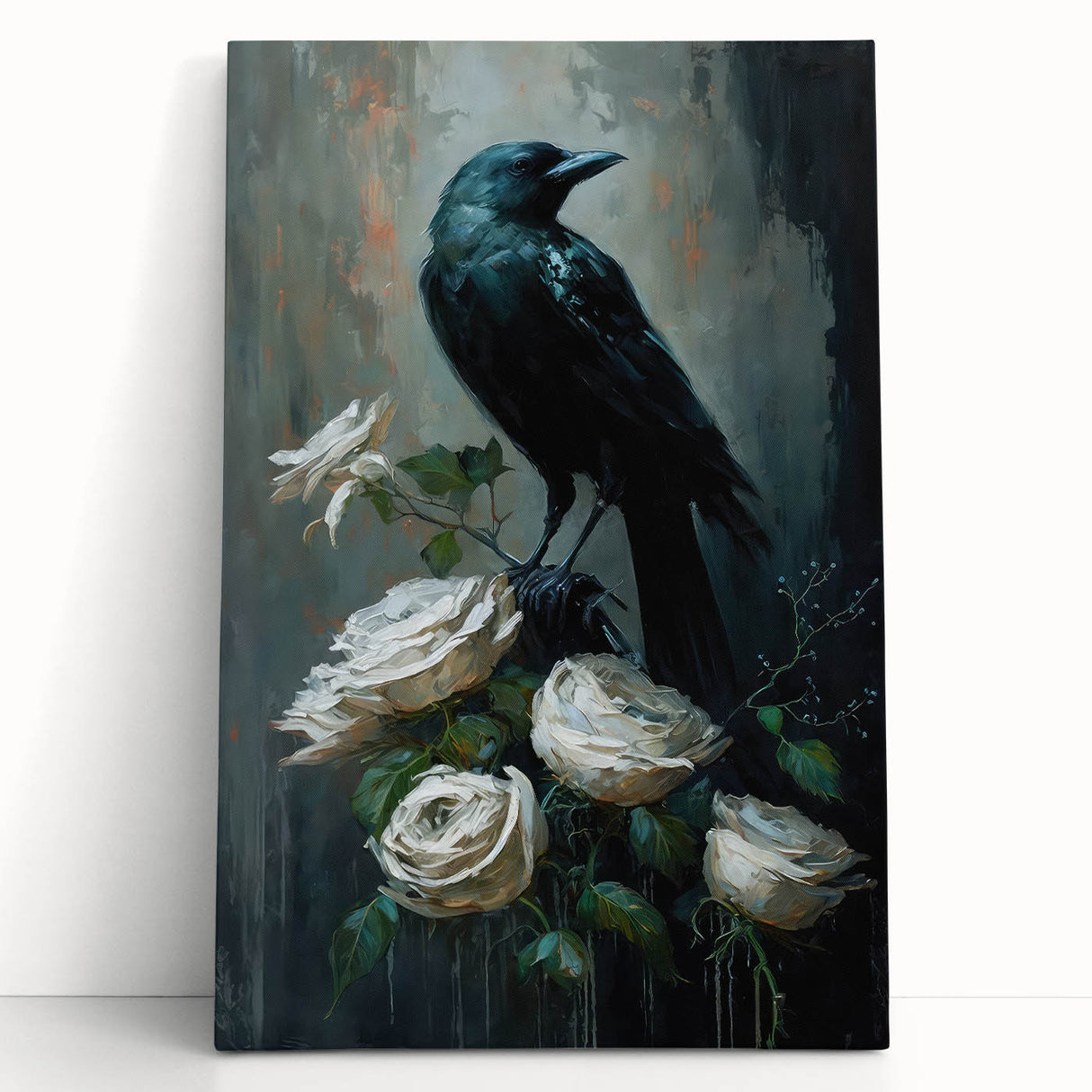 Stretched canvas wall art featuring an intricate design of a crow and raven, showcasing detailed black and gray feathers against a minimalist background, perfect for nature enthusiasts.