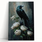Stretched canvas wall art featuring an intricate design of a crow and raven, showcasing detailed black and gray feathers against a minimalist background, perfect for nature enthusiasts.