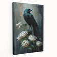 Stretched canvas wall art featuring a detailed design of a crow and raven, showcasing rich black and gray tones, perfect for nature-themed decor.