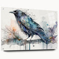 Acrylic glass wall art featuring a detailed design of a crow and raven, showcased from a side view, with visible pins for mounting. Ideal for bird lovers and modern decor enthusiasts.