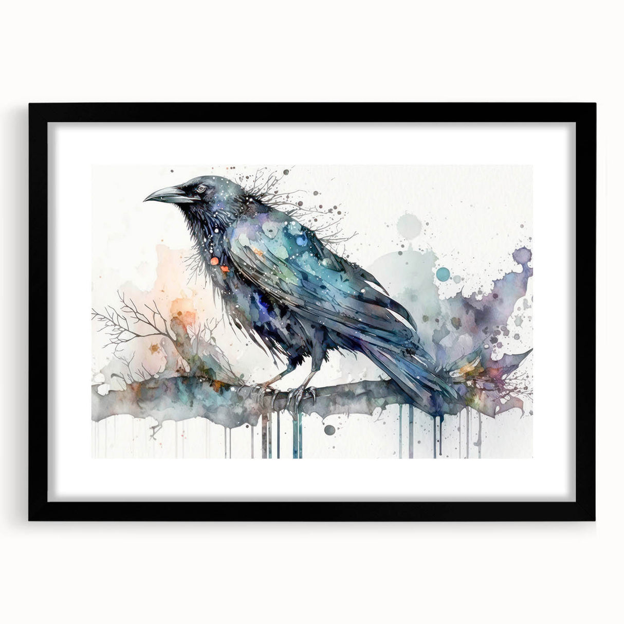 Black-framed wall art featuring intricate designs of a crow and raven, perfect for nature lovers. Ideal for home decor, showcasing avian beauty in a modern setting.