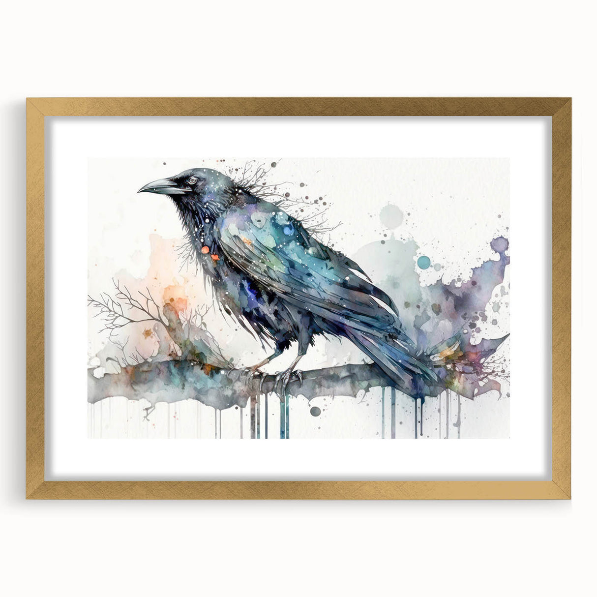 Crow and raven wall art design framed in gold with a mat, showcasing intricate details and elegant aesthetics, perfect for enhancing home decor.