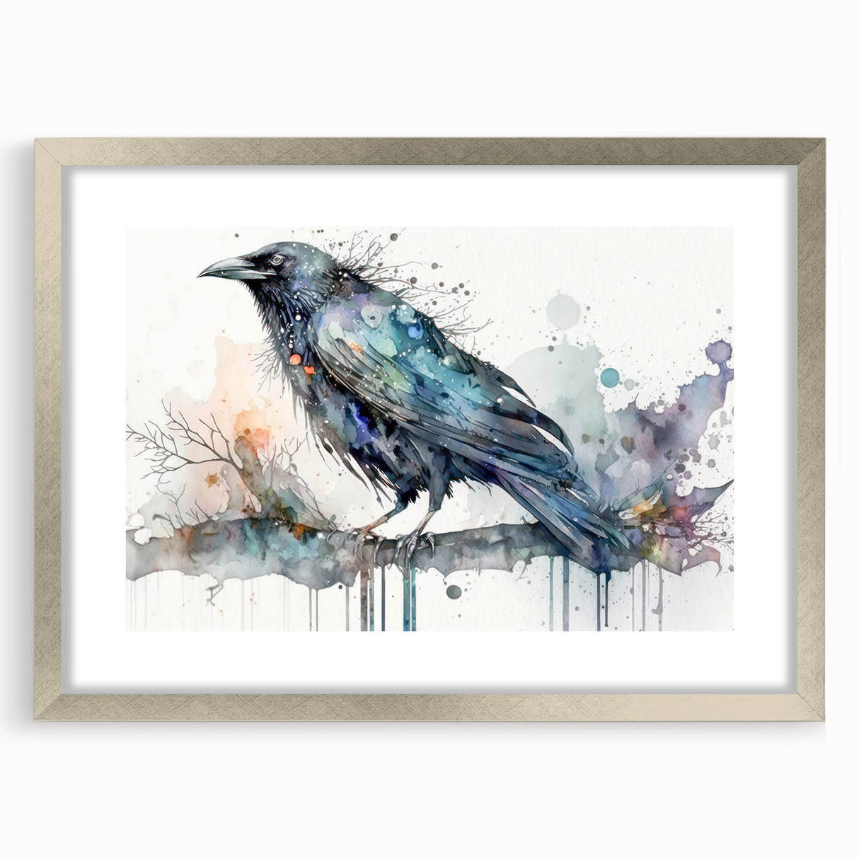 Silver-framed wall art featuring a striking design of crows and ravens, showcasing intricate details and textures, perfect for bird lovers and home decor enthusiasts.