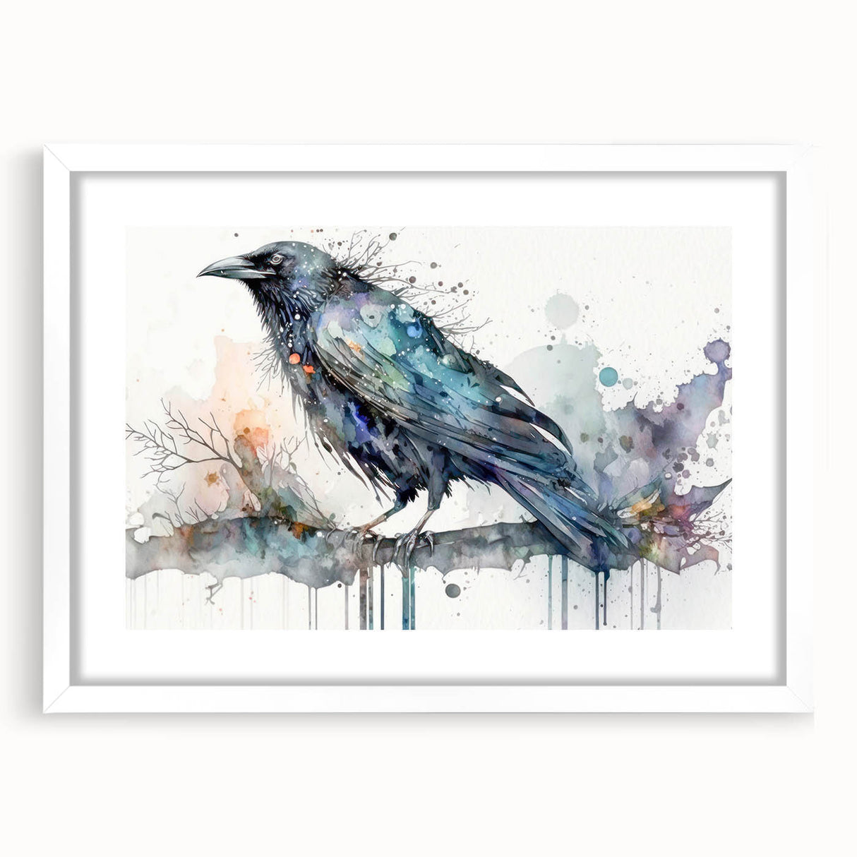 Framed wall art featuring a crow and raven design in black and white, set against a white mat background, perfect for enhancing modern home decor.