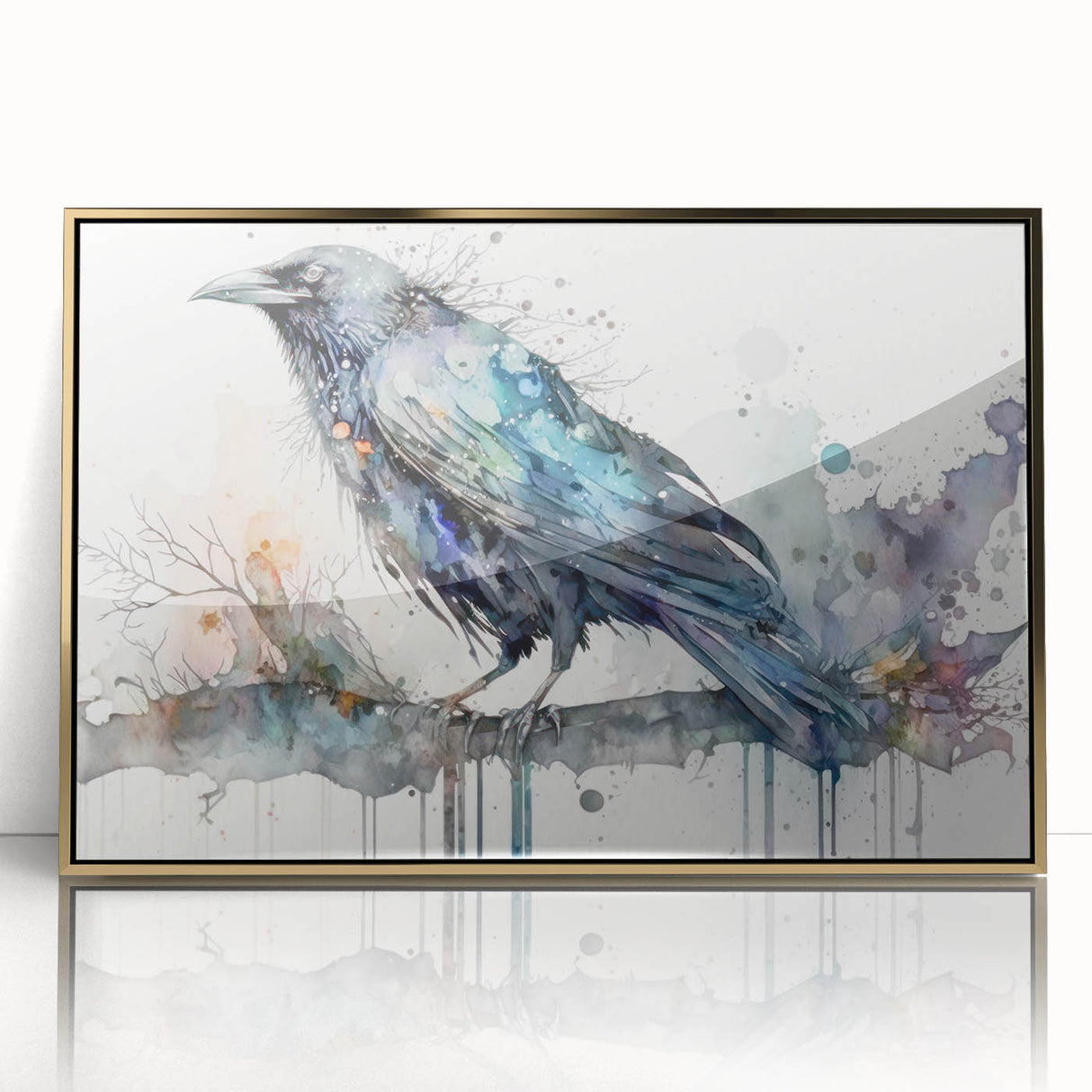 Framed wall art showcasing a striking design of a crow and raven, featuring a gold-acrylic finish and elegant framing, perfect for modern home decor.