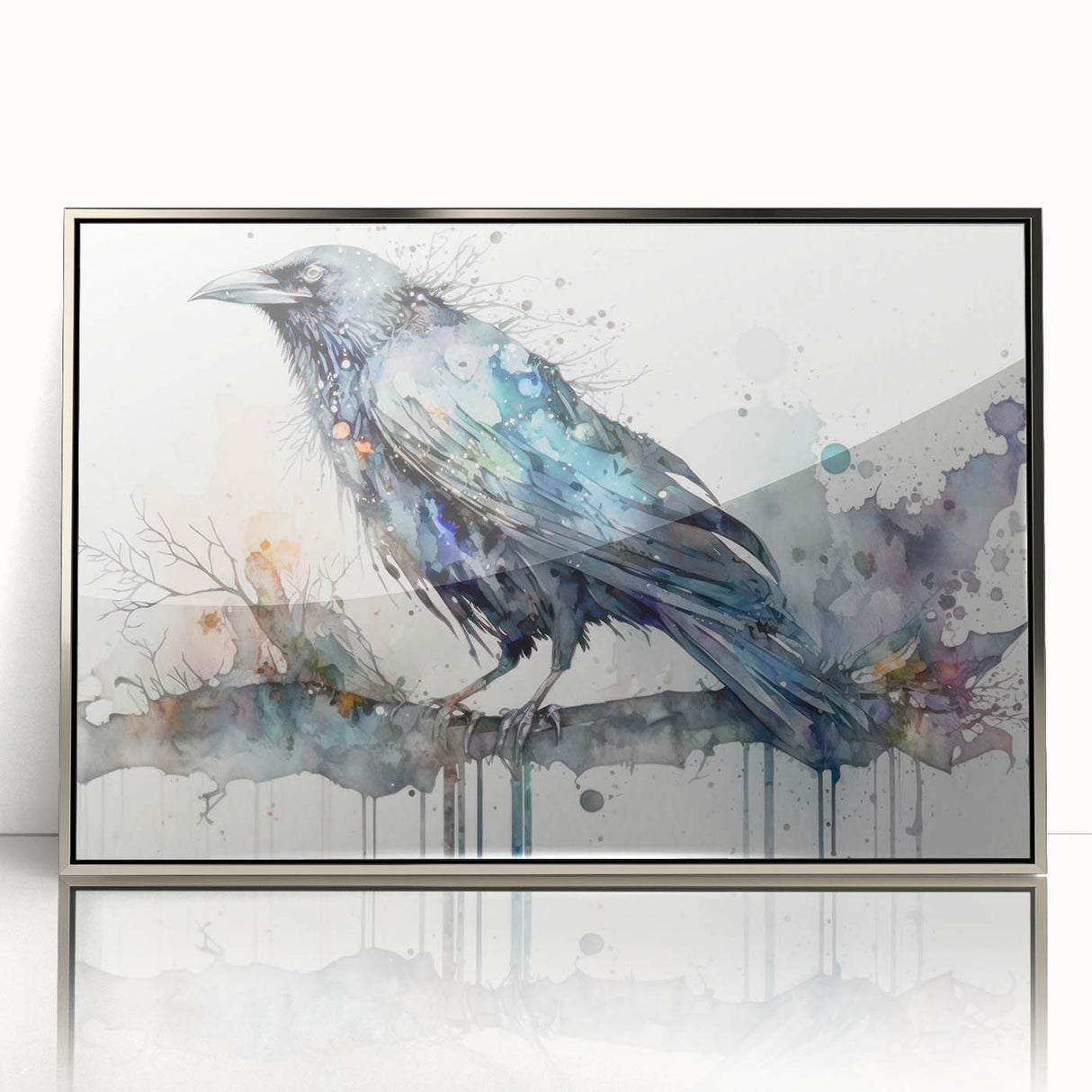 Framed wall art featuring a detailed design of a crow and raven, showcasing intricate silver accents and a sleek acrylic front. Perfect for nature enthusiasts and modern decor.
