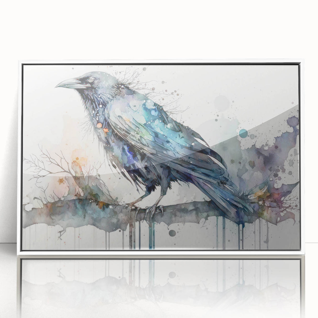 Framed acrylic wall art featuring a striking design of crows and ravens, showcasing intricate details and a white frame, perfect for enhancing modern home decor.