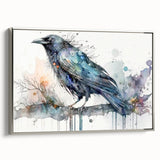 Framed canvas wall art featuring a striking design of a crow and raven in silver, showcased from a side view, perfect for modern home decor.