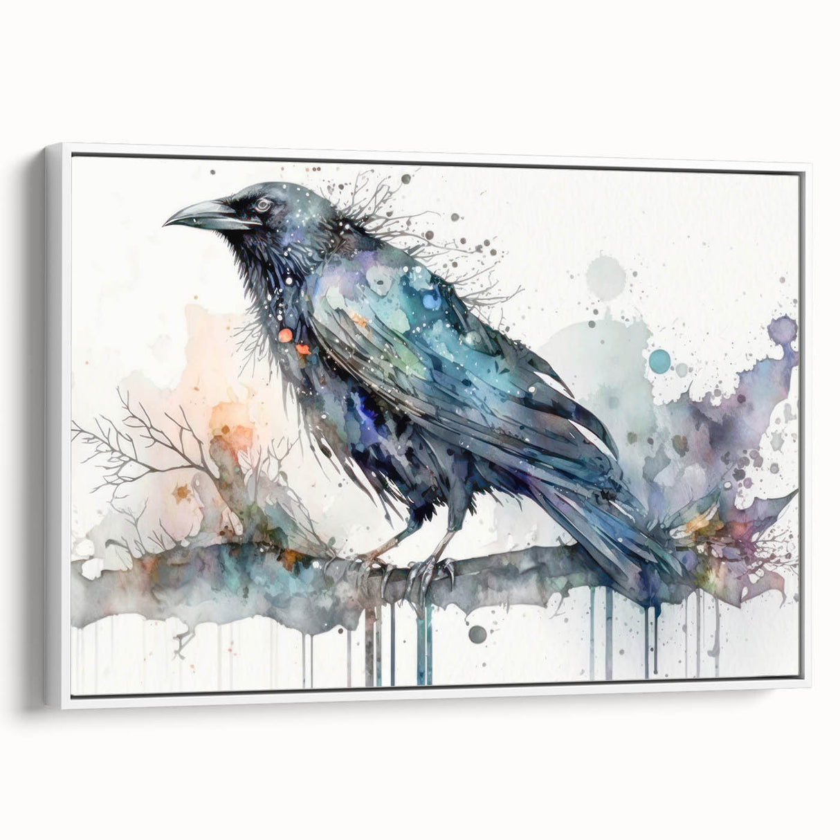 Framed wall art featuring a striking design of a crow and raven, elegantly displayed in a white frame, showcasing intricate details and textures. Ideal for nature lovers and modern decor enthusiasts.