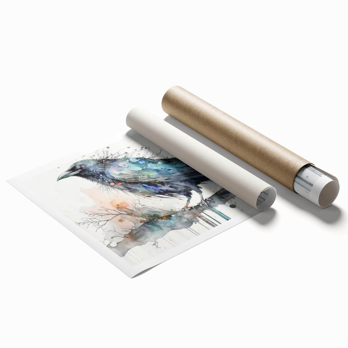 Rolled print showcasing an artistic design of a crow and raven, featuring intricate details and contrasting colors, ideal for nature-themed wall decor.