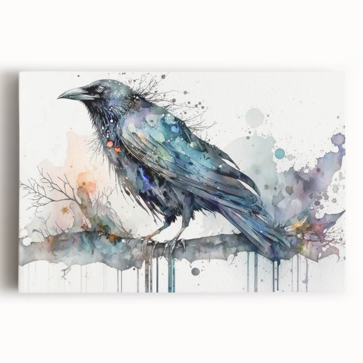 Stretched canvas wall art featuring a striking design of a crow and raven in intricate detail, showcasing dark feathers and a moody atmosphere, perfect for nature enthusiasts.