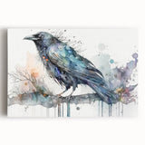 Stretched canvas wall art featuring a striking design of a crow and raven in intricate detail, showcasing dark feathers and a moody atmosphere, perfect for nature enthusiasts.