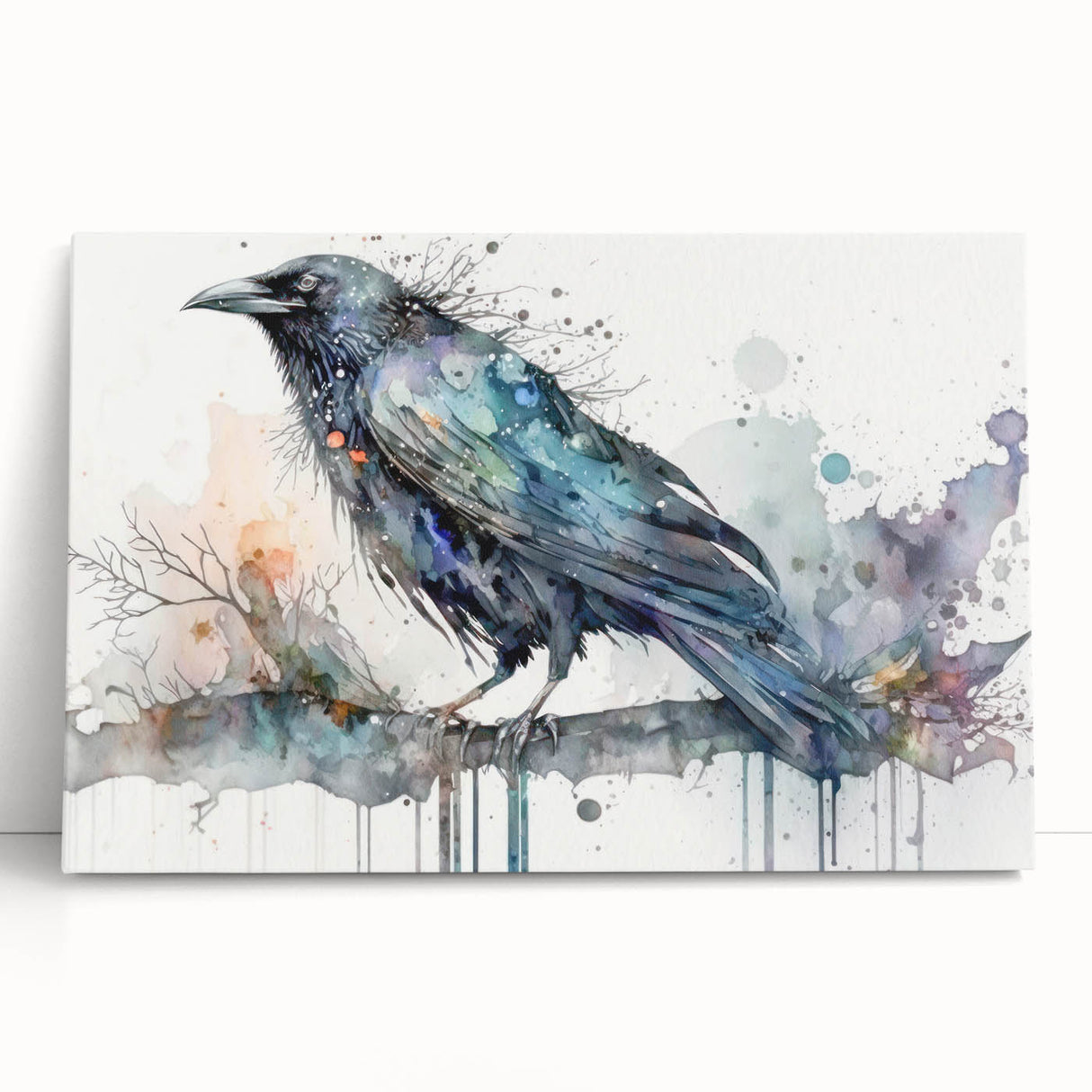 Stretched canvas wall art featuring intricate designs of a crow and raven, showcasing detailed black and grey feathers against a soft background, ideal for modern decor.