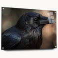 Crow and raven wall art design displayed in a sleek acrylic glass frame, showcasing intricate details and vivid colors. Perfect for modern decor enthusiasts.
