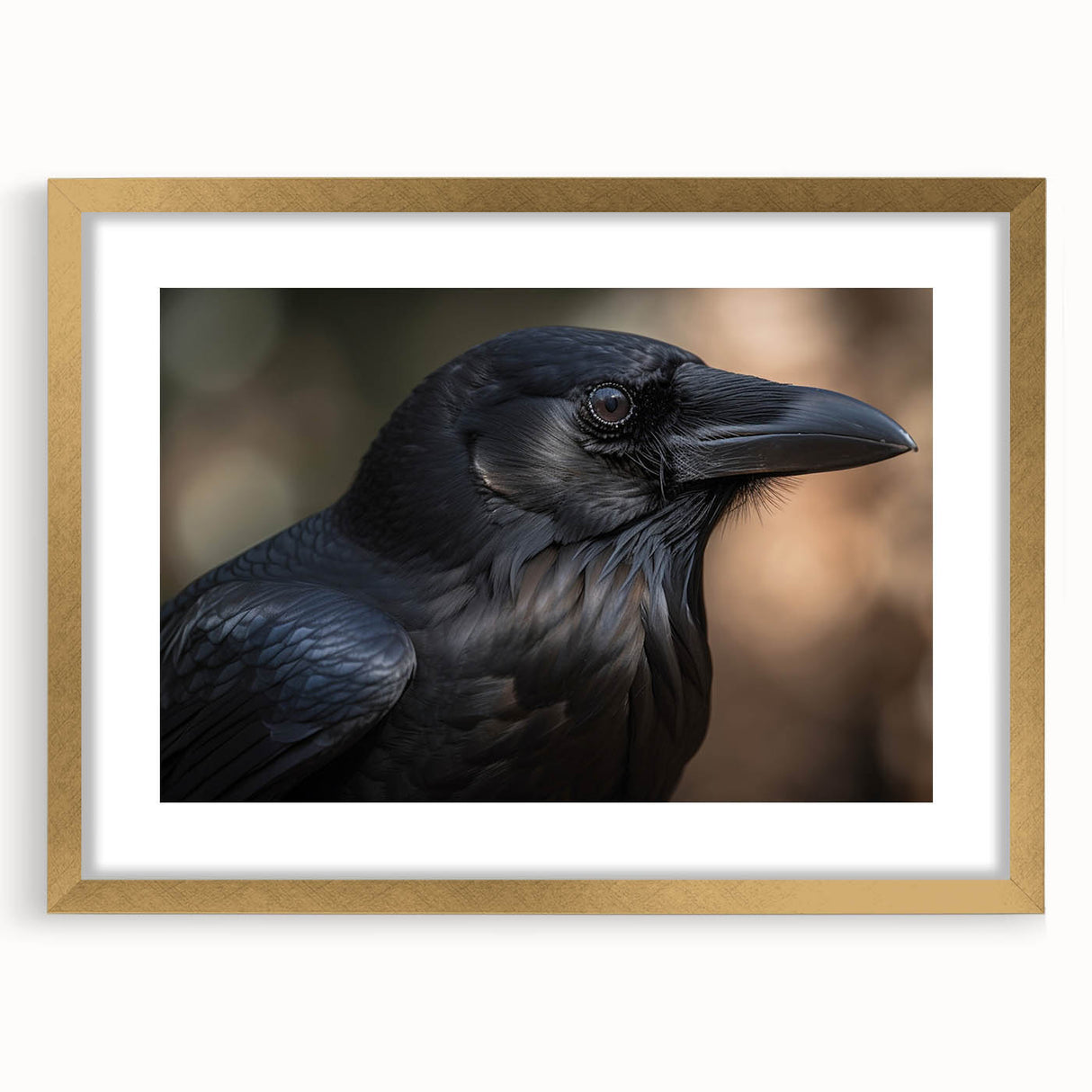 Framed wall art featuring a crow and raven design in a gold frame with matting, showcasing intricate details and a contemporary aesthetic perfect for modern decor.