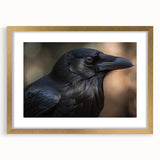 Framed wall art featuring a crow and raven design in a gold frame with matting, showcasing intricate details and a contemporary aesthetic perfect for modern decor.
