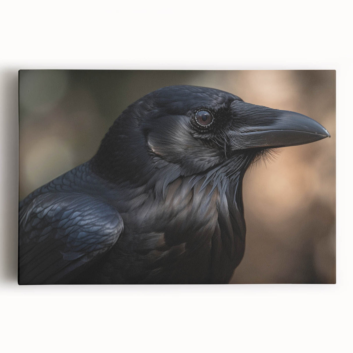 Black crow and raven wall art design on stretched canvas, showcasing intricate details with a dark color palette, perfect for modern home decor.