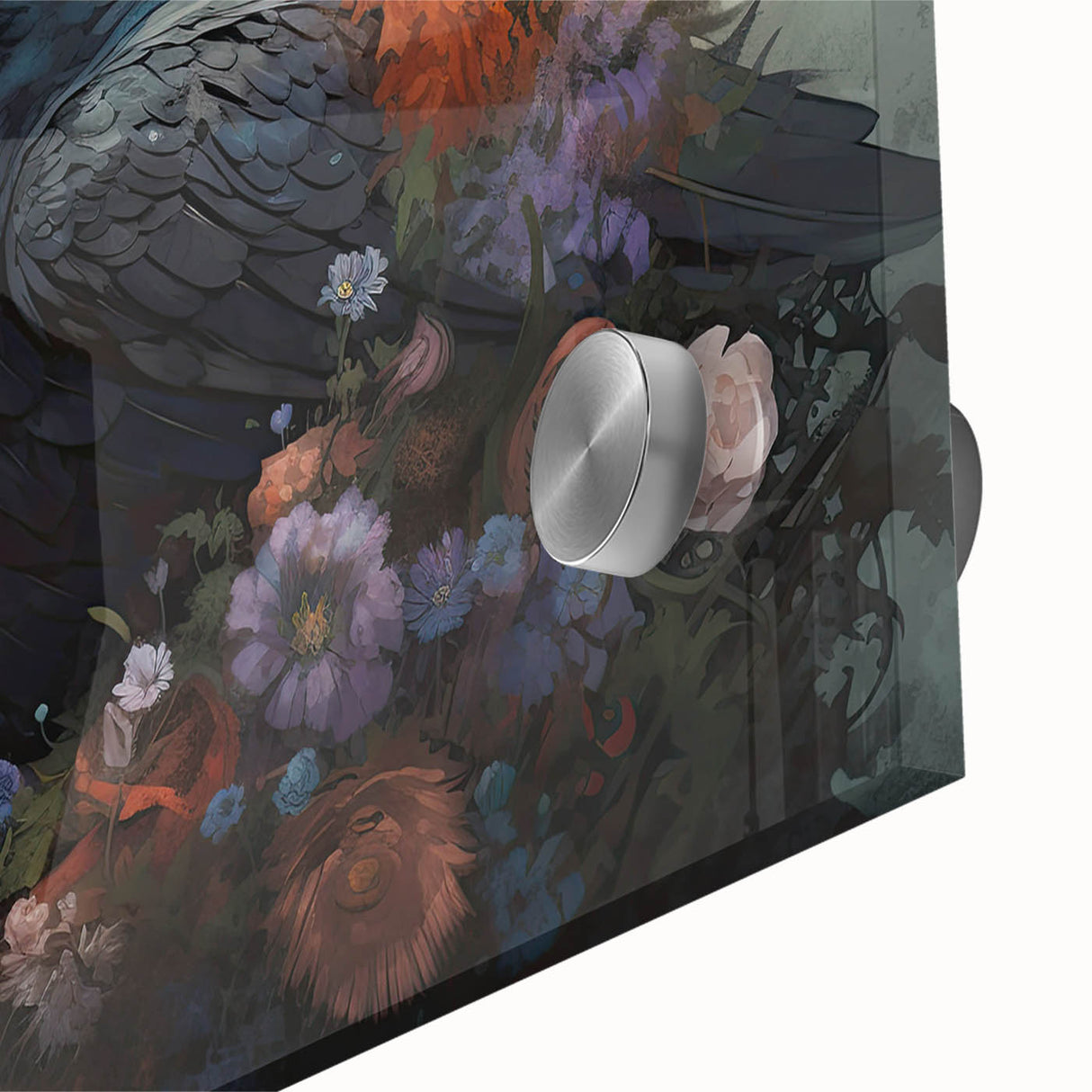 Close-up of a stunning wall art piece featuring a detailed design of a crow and raven, showcasing intricate black and white illustrations on acrylic glass. Perfect for adding a touch of nature-inspired elegance to home decor.