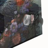 Close-up of a stunning wall art piece featuring a detailed design of a crow and raven, showcasing intricate black and white illustrations on acrylic glass. Perfect for adding a touch of nature-inspired elegance to home decor.