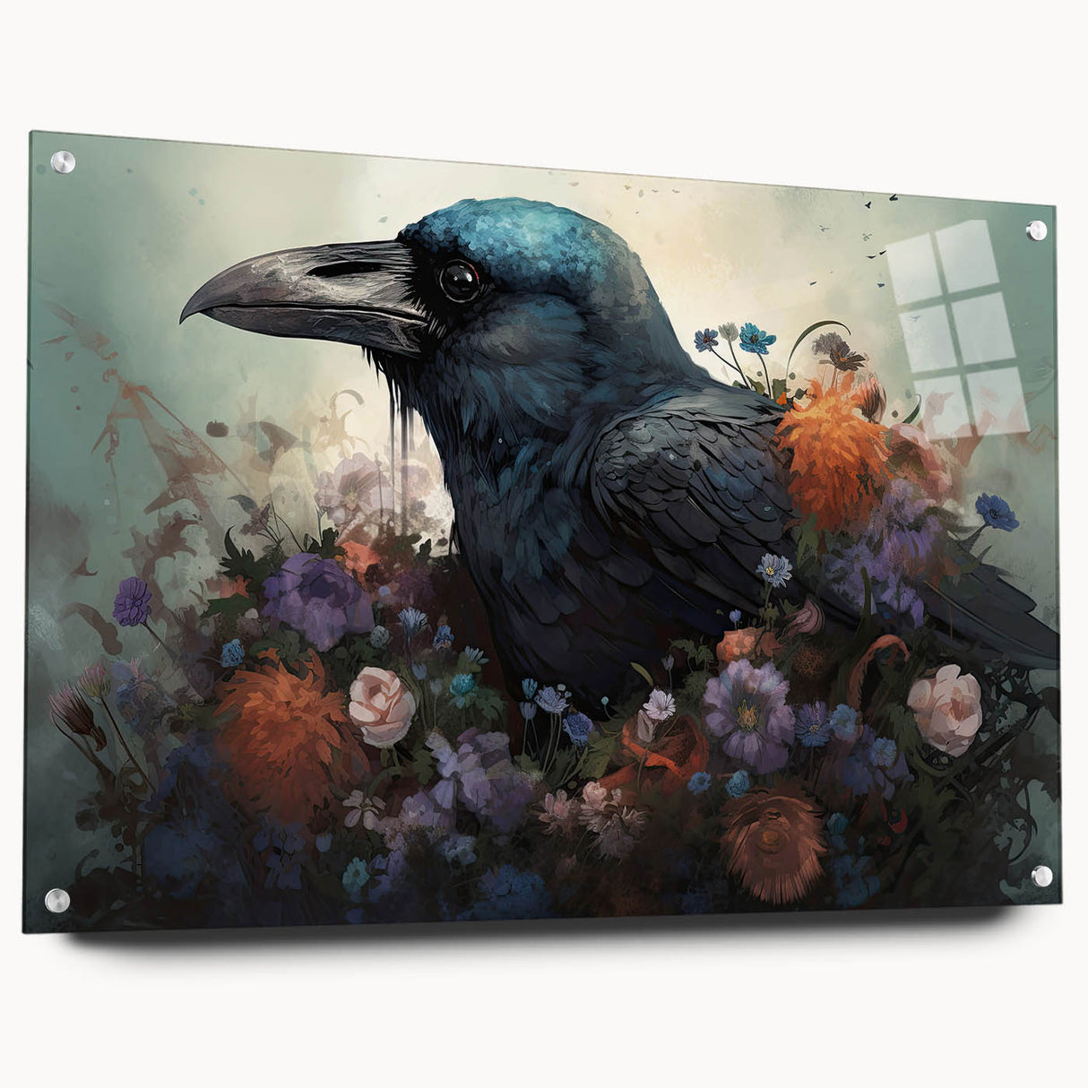 Side view of a crow and raven wall art design on acrylic glass, showcasing intricate details and vibrant colors, with pins for easy display. Ideal for bird lovers and home decor enthusiasts.