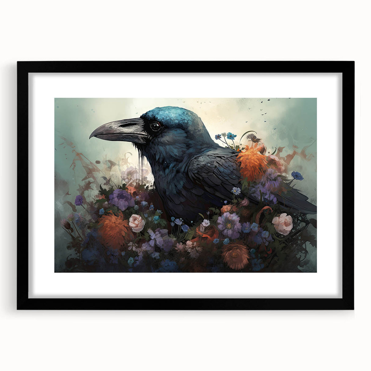Black-framed wall art featuring a striking design of a crow and raven, showcasing intricate details and contrasting colors, perfect for bird lovers and home decor enthusiasts.