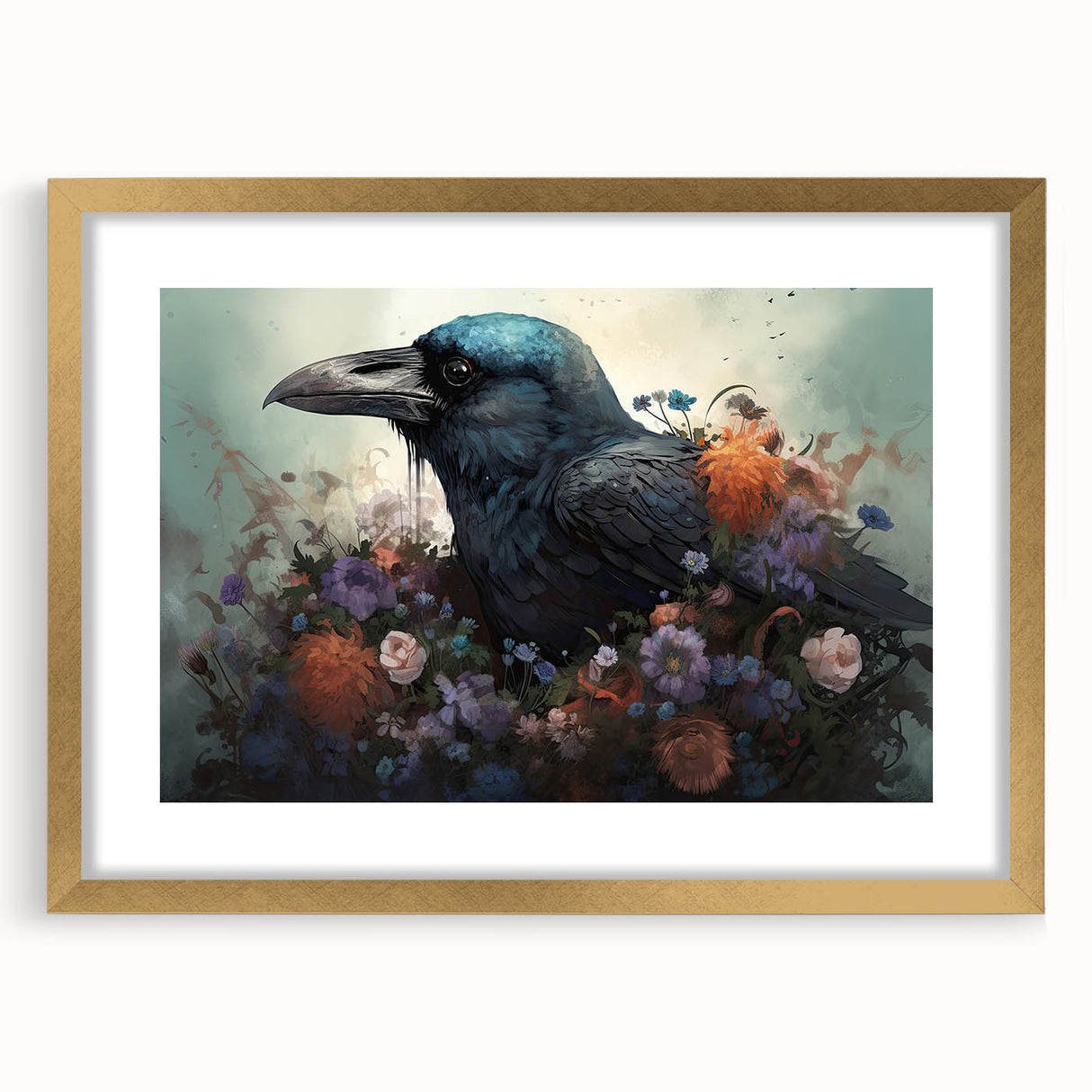 Framed wall art featuring a striking design of a crow and raven in a gold frame with a mat, perfect for bird lovers and home decor enthusiasts.