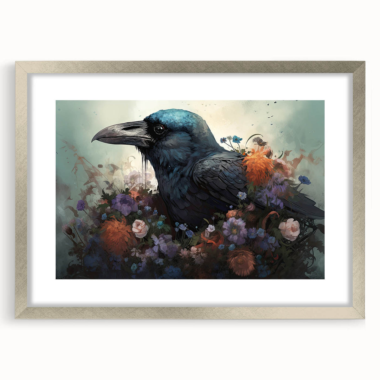 Framed wall art featuring a striking design of a crow and raven in a silver frame with a mat, perfect for adding a touch of nature-inspired decor to any space.