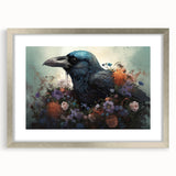 Framed wall art featuring a striking design of a crow and raven in a silver frame with a mat, perfect for adding a touch of nature-inspired decor to any space.