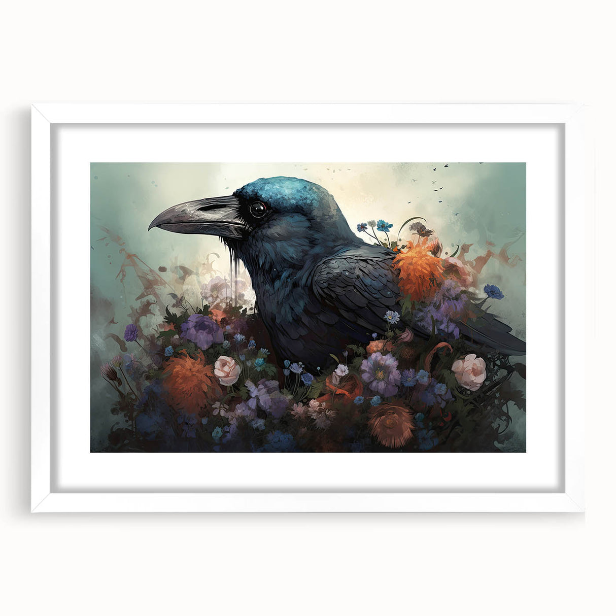 Framed wall art featuring a detailed crow and raven design in black and white, showcasing intricate linework and a modern aesthetic, perfect for bird lovers and home decor enthusiasts.