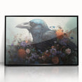 Framed wall art featuring a striking black and white design of a crow and raven perched on branches, showcasing intricate details and textures, perfect for enhancing home decor.
